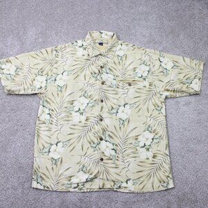 Tommy Bahama Camp Shirt Men Medium Beige Floral Loop Collar Orange 100% Silk S/S